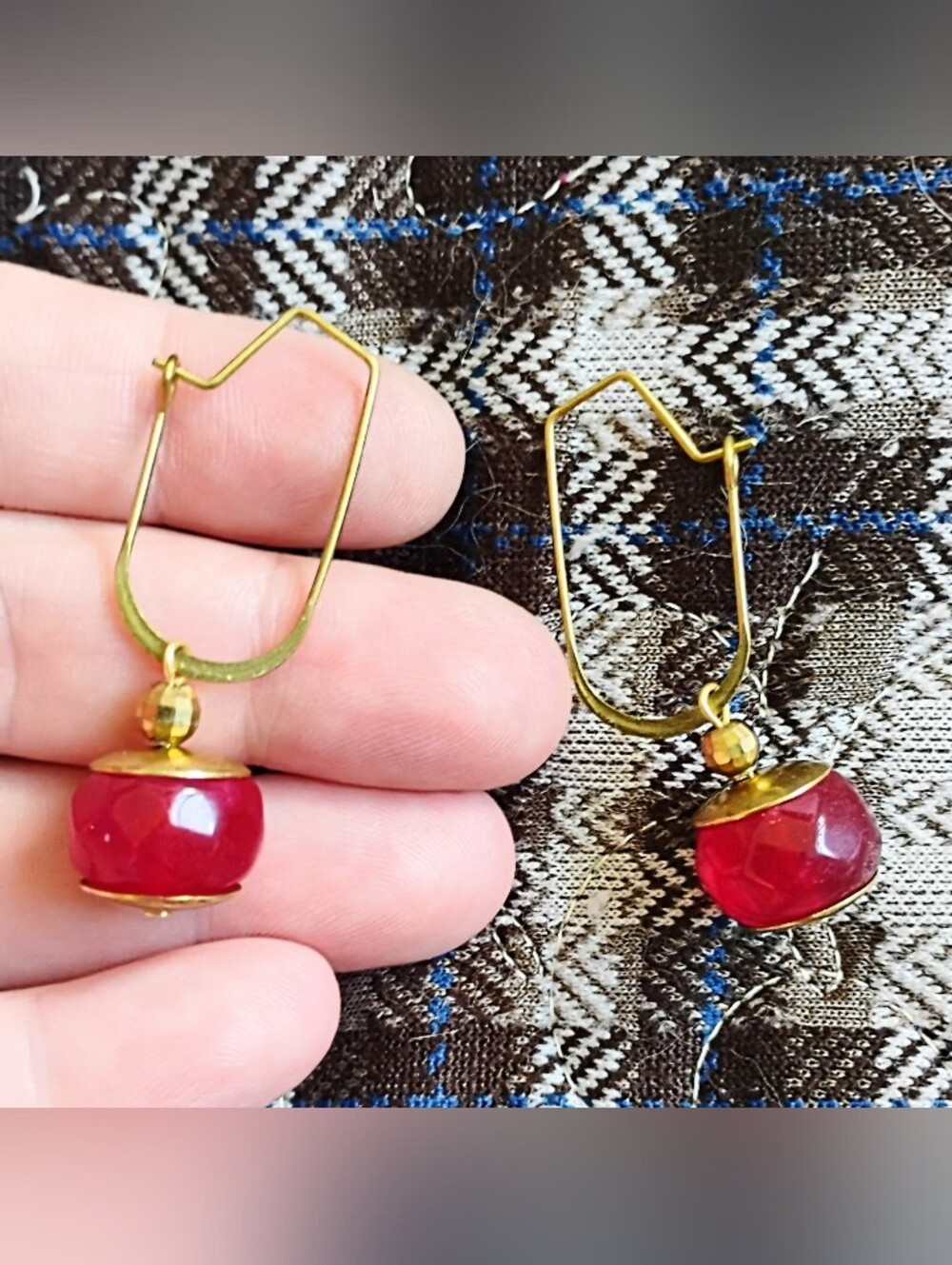 Handmade Faceted Ruby U Hoops - Picture 3 of 6